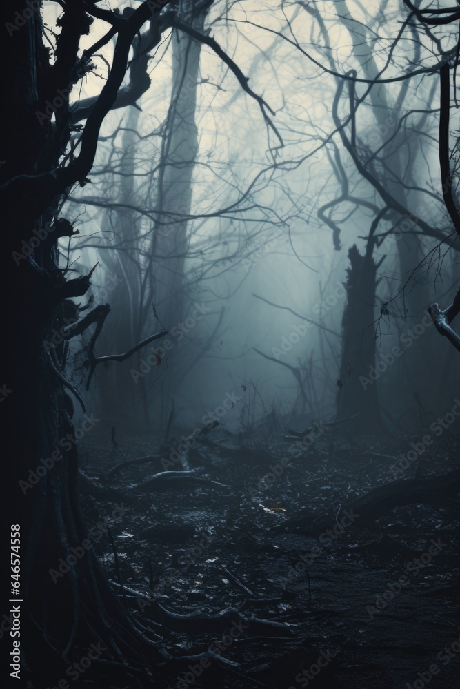 Obraz premium Misty spooky forest background, gloomy trees in scary horror foggy woods Happy Halloween dark night creepy nature mist fantasy atmosphere mystery dramatic landscape fall nightmare scenery. Copy space