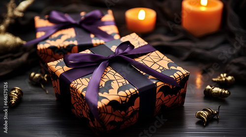 Gifts for Halloween. Halloween-themed decorated gifts. Halloween patterns. Halloween wrapping paper with bats, skulls, pumpkins... © Moon Project