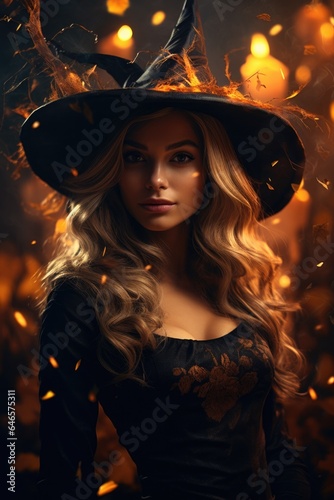 Magic gothic enchanted beautiful witch woman evil fairy girl magician wearing dress and hat in Happy Halloween spooky scary fantasy fall scene with creepy horror night light background. Portrait.