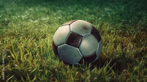 Soccer ball on the grass. Created with Generative AI technology.