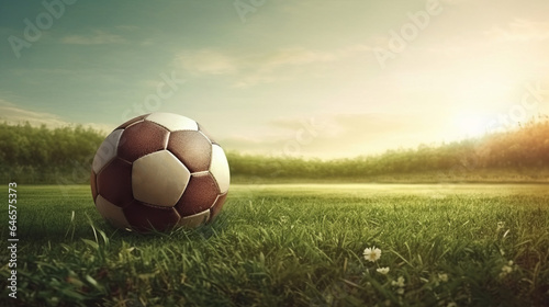 Soccer ball on the grass. Created with Generative AI technology.