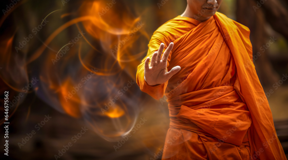 Fototapeta premium Asian monk in traditional cloth doing qigong. Hands direct energy. Prayer, gratitude. Practicing monk. Qi energy. Healing retreats. 