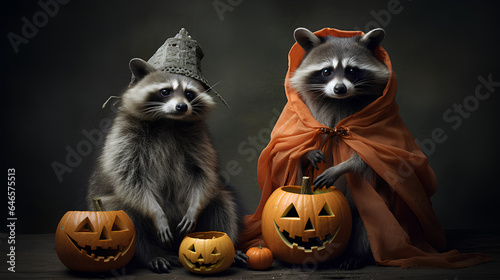 Raccoon on Halloween. Raccoon dressed up for Halloween. Raccoon with original costumes on Halloween.