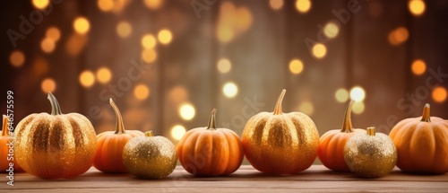 Happy Thanksgiving season celebration traditional pumpkins on decorated wooden table with lights fall background. Halloween decorations wood illuminated autumn cozy backdrop, copy space.