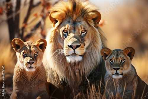 Close-up portrait of an male lion with two lion cubs on nature background