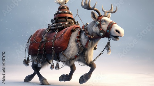 Cartoon character reindeer Santa Claus. Santa's Christmas reindeer in sleigh. Beautiful deer realistic illustration. Fairytale deer in a frog. New Year and Christmas greeting card. Generative ai.