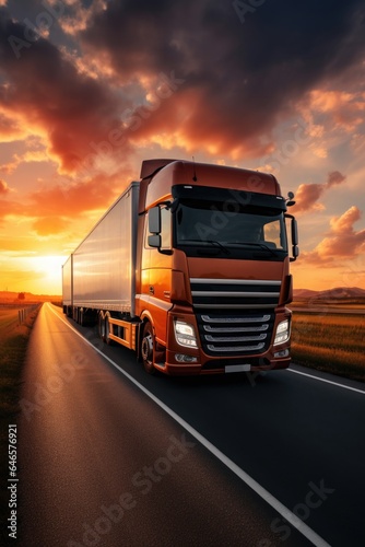 Modern lorry driving on a highway at sunset. Generation AI © piai