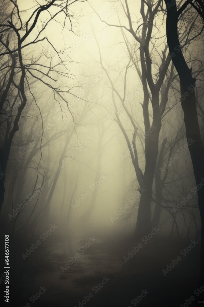 Obraz premium Misty spooky forest background, gloomy trees in scary horror foggy woods Happy Halloween dark night creepy nature mist fantasy atmosphere mystery dramatic landscape fall nightmare scenery. Copy space