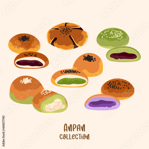 Anpan vector set. Japanese Bread Bun flat illustration isolated on white background