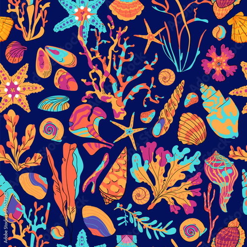 Vector Seaweed coral and algae seamless pattern on dark blue background. Seabed Plants and ocean shell repeat texture for fabric, wallpaper or wrapping paper, cover