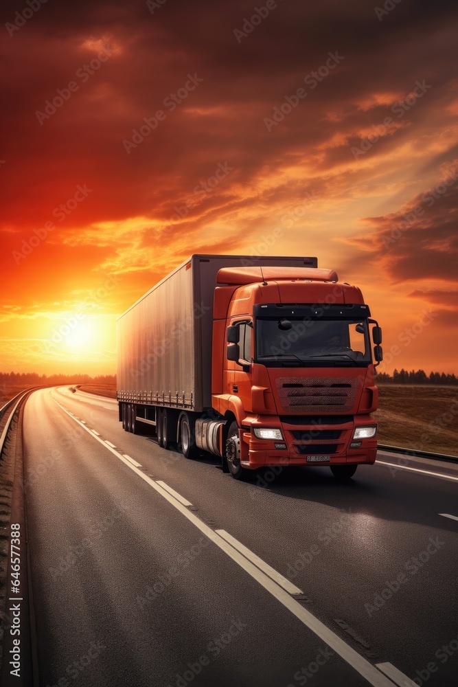 Modern lorry driving on a highway at sunset. Generation AI