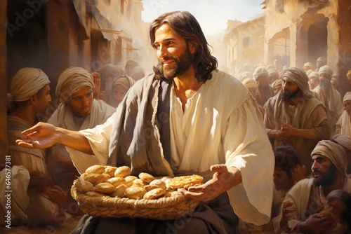 Jesus Christ fed bread to the poor , bible religion, gospels, ancient scriptures history, Jesus hands giving bread to poor , biblical story to feed hungry, charity. photo