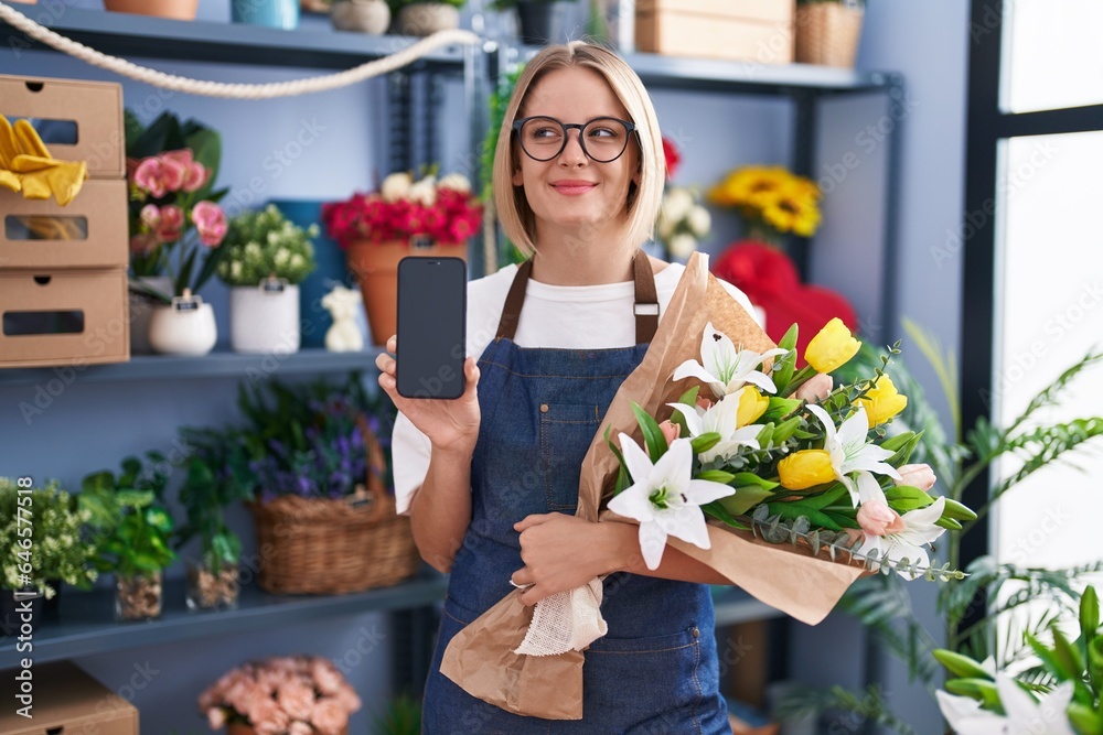 Young caucasian woman working at florist shop showing smartphone screen smiling looking to the side and staring away thinking.