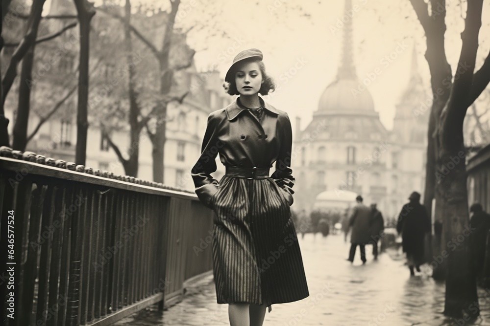 woman walking through Paris in 1950, vintage monochromatic - obrazy, fototapety, plakaty 
