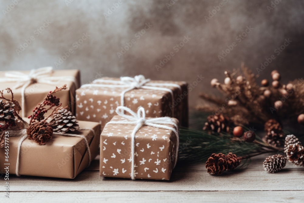 Christmas gift boxes with branch of fir tree, cones and Christmas decoration Christmas gift boxes with branch of fir tree, cones and Christmas decoration