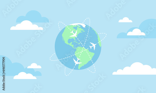 Earth globe with an airplanes and flight routes on a blue cloudy background. Flat vector illustration