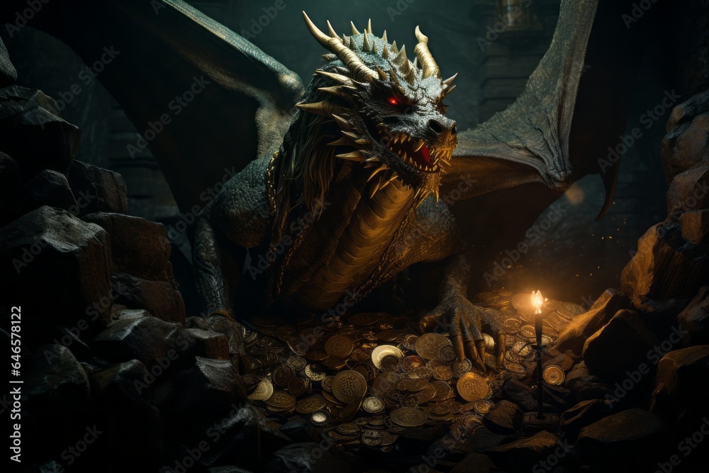 A massive, ominous dragon guarding its treasure trove of gleaming ...