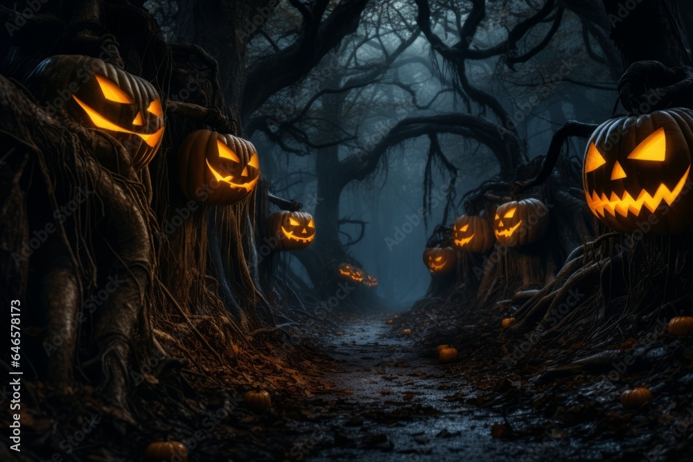 Glowing halloween Jack-on-lanterns in a moonlit forest shrouded in mist, with twisted, gnarled trees - obrazy, fototapety, plakaty 