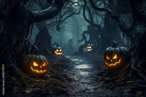 Glowing halloween Jack-on-lanterns in a moonlit forest shrouded in mist, with twisted, gnarled trees