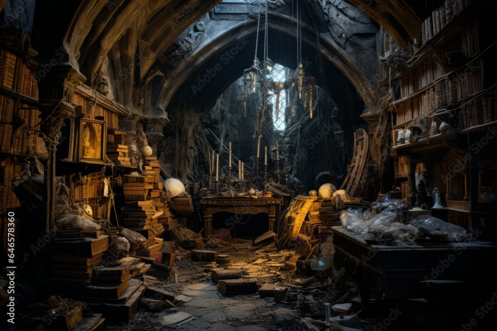 An ancient, cobweb-covered chamber deep underground, filled with arcane books, potions, and the eerie glow of magical artifacts