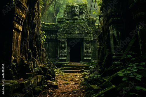An ancient  overgrown temple hidden deep within a jungle  where mysterious cultists gather to invoke eldritch deities
