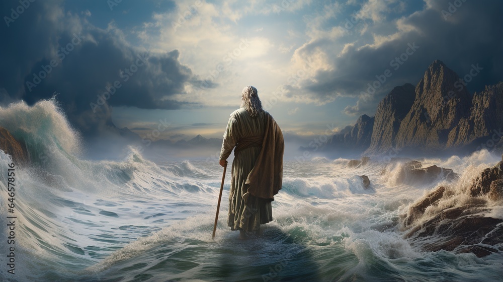 Religious biblical concept, the story of Moses parting the sea, flight from Pharaoh, the Jews, belief in God and Jesus Christ , the liberation of the Jews from Egyptian captivity, the miracle . - obrazy, fototapety, plakaty 