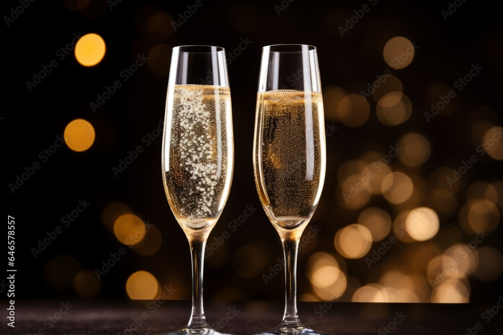 A close-up of two champagne flutes filled with bubbling champagne, ready for a toast as the New Year approaches A close-up of two champagne flutes filled with bubbling champagne, ready for a toast as the New Year approaches