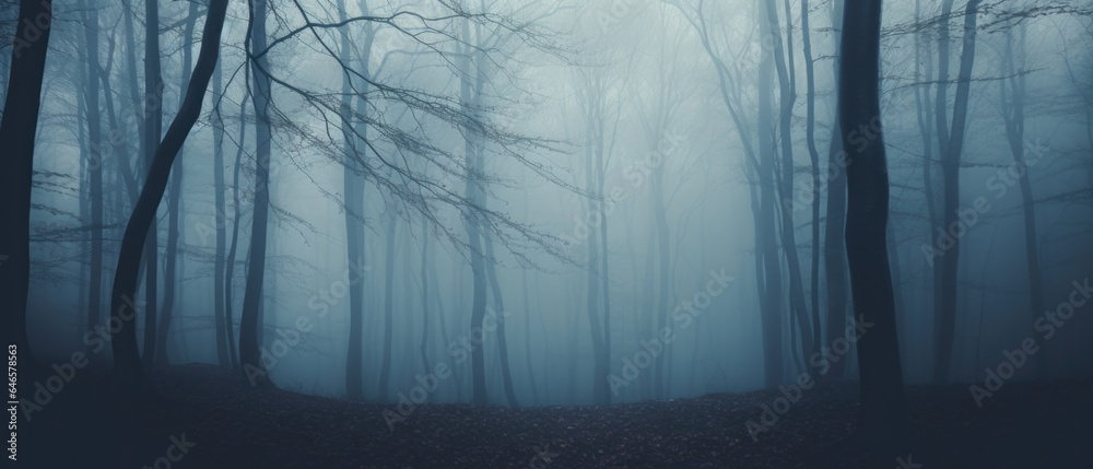 Obraz premium Misty spooky forest background, gloomy trees in scary horror foggy woods Happy Halloween dark night creepy nature mist fantasy atmosphere mystery dramatic landscape fall nightmare scenery. Copy space