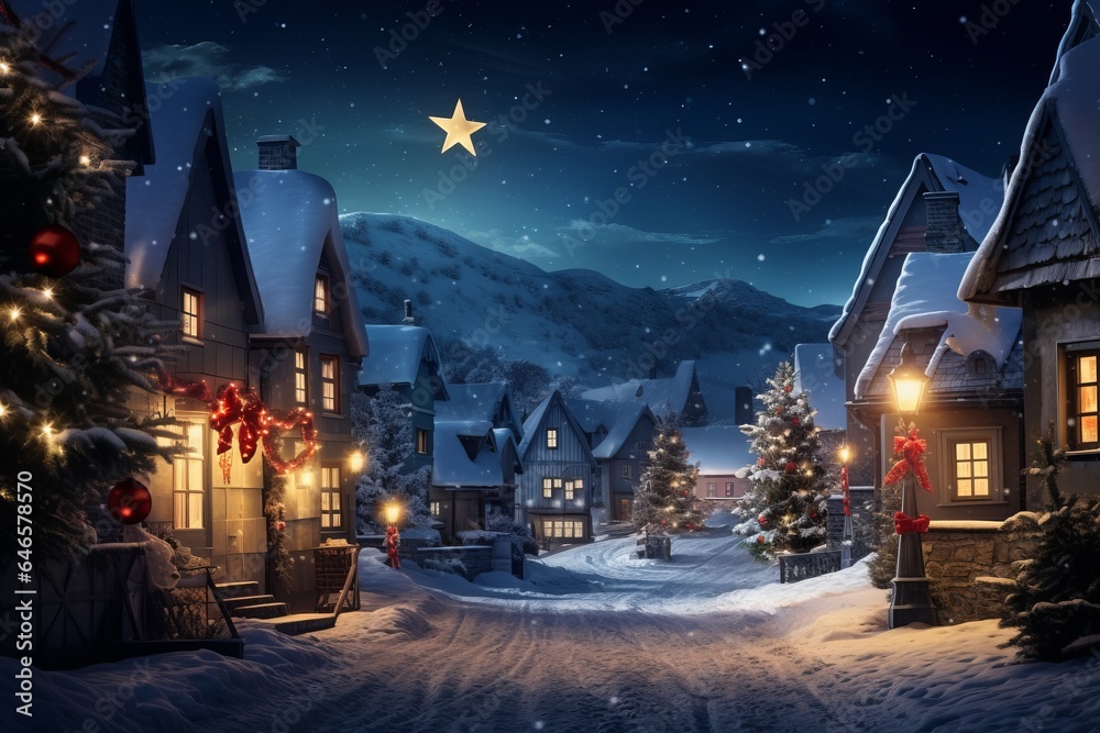 A serene winter night with a dazzling Christmas star illuminating a charming village