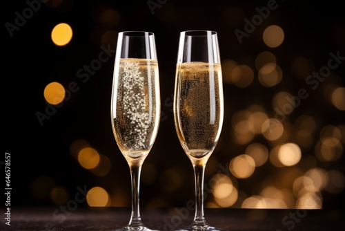 A close-up of two champagne flutes filled with bubbling champagne, ready for a toast as the New Year approaches