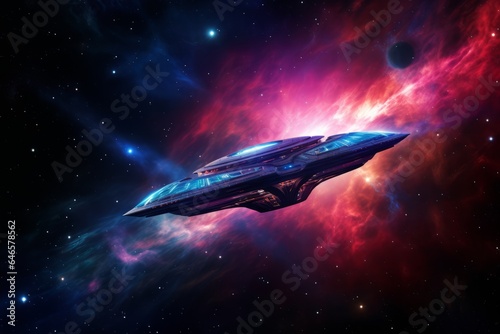 A lone starship voyaging through the colorful nebulae of a distant galaxy, its sleek hull reflecting the brilliance of the cosmos