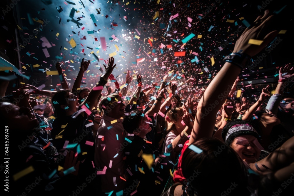 Colorful confetti raining down on a joyous crowd as the clock strikes midnight at new years eve, creating a festive atmosphere Colorful confetti raining down on a joyous crowd as the clock strikes midnight at new years eve, creating a festive atmosphere