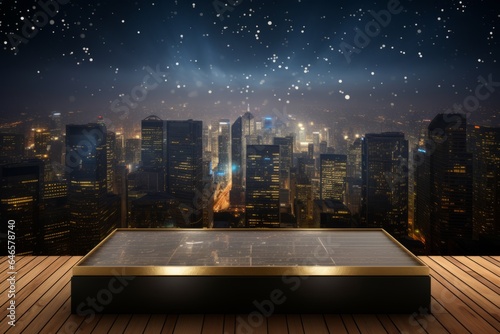 A city skyline panorama with a square podium in the foreground  offering a dynamic urban backdrop for New Year s Eve party promotions and city celebrations