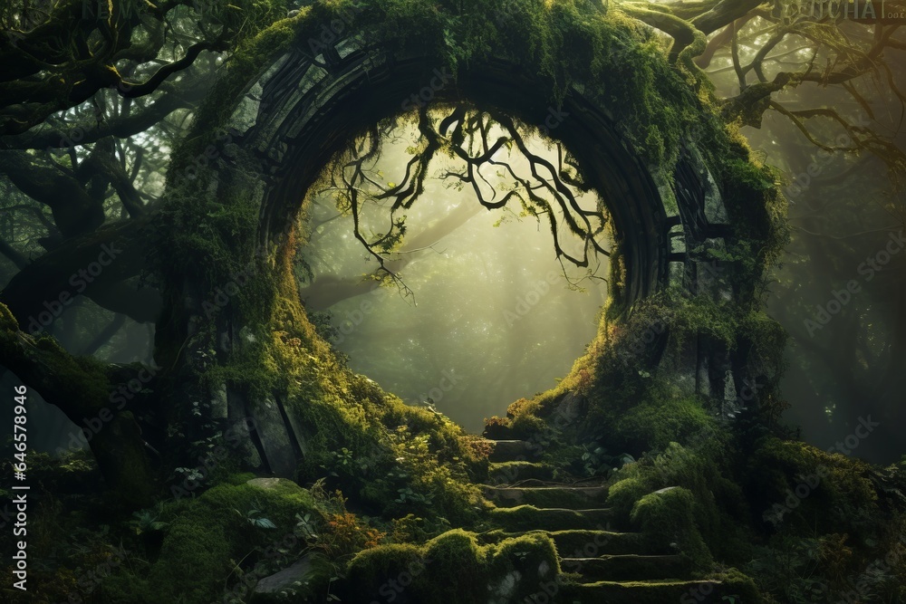 A hidden portal in a mystical forest, where the boundary between our world and the realm of fantasy blurs - obrazy, fototapety, plakaty 