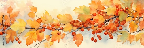 Watercolor illustration  autumn landscape banner  fall mood  autumn leaves with rowan berries