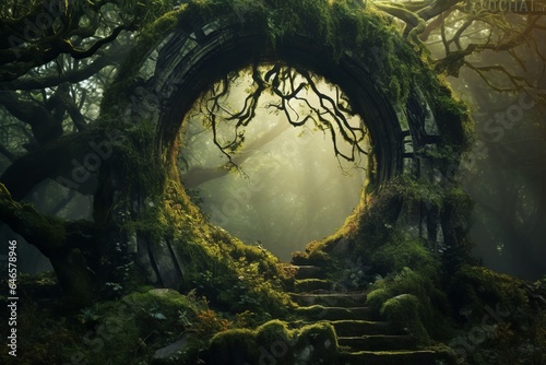 A hidden portal in a mystical forest, where the boundary between our world and the realm of fantasy blurs