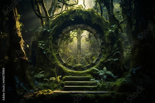 A hidden portal in a mystical forest, where the boundary between our world and the realm of fantasy blurs