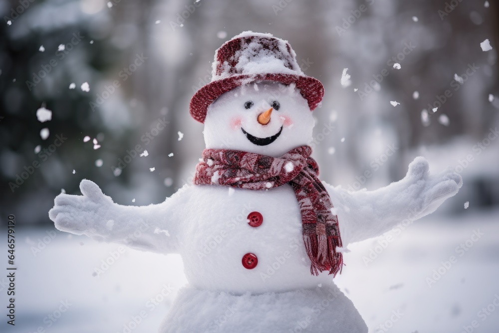 Smiling snowman's winter wonderland, where snowflakes twirl and laughter fills the air