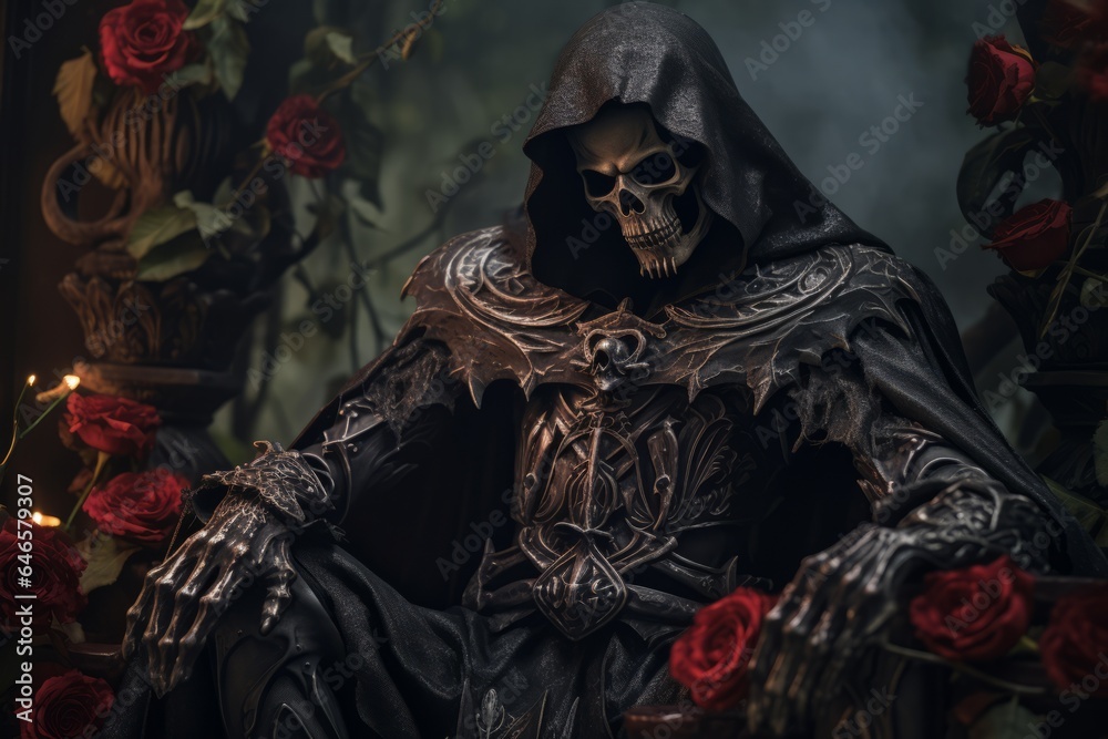 In some fantasy settings, the Grim Reaper is portrayed with elaborate and ornate armor or robes, adding a fantastical element to the character In some fantasy settings, the Grim Reaper is portrayed with elaborate and ornate armor or robes, adding a fantastical element to the character