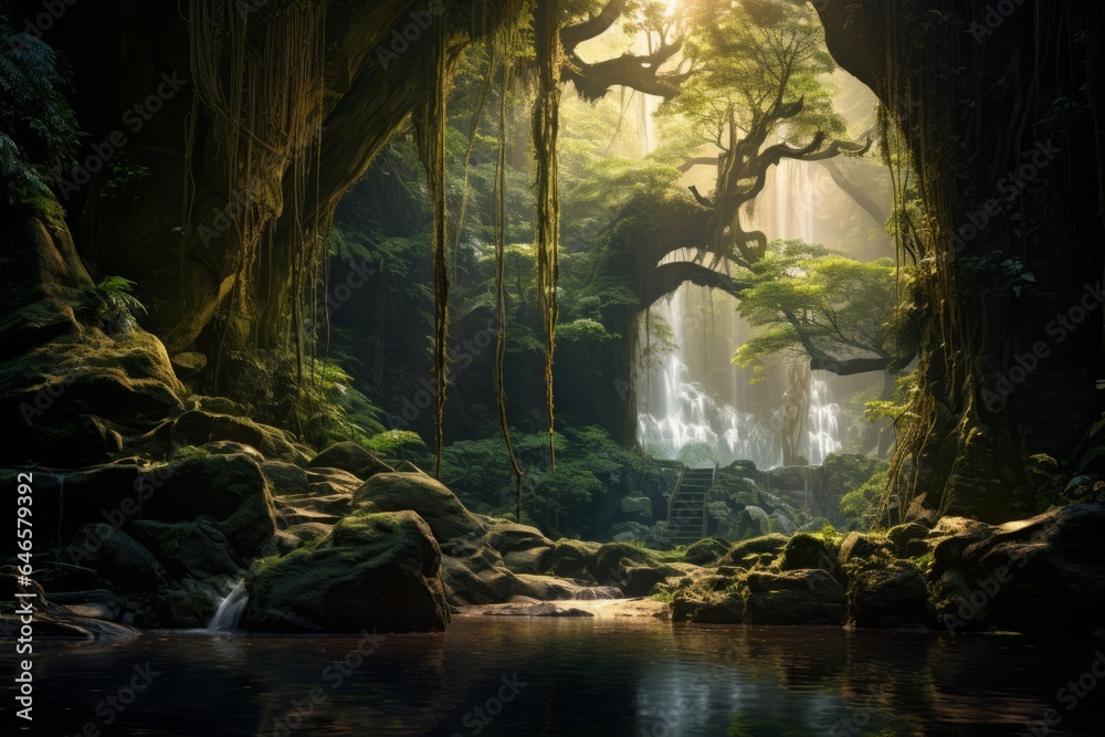 A glimpse into a mystical fantasy realm, where ancient forests and ethereal waterfalls are everywhere