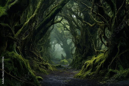 An enchanting but perilous ancient dark forest, with its towering trees and eerie foggy atmosphere