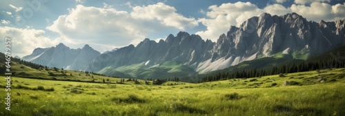 A beautiful dramatic mountain skyline with green valley in a rocky mountain setting, wide open panoramic area © Gbor