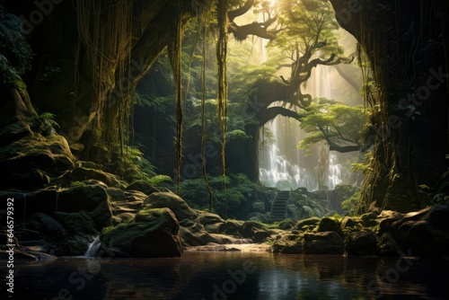 A glimpse into a mystical fantasy realm, where ancient forests and ethereal waterfalls are everywhere
