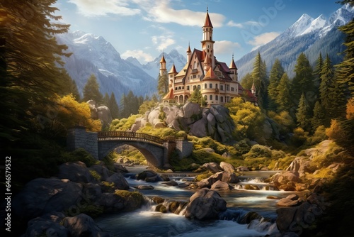 The enchanting beauty of a small fantasy village, with its graceful architecture nestled in a pristine wonderful peaceful valley