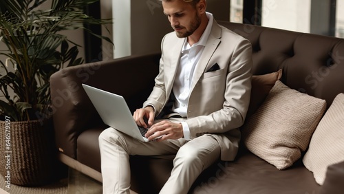 relaxed young businessman resting on the couch revising photo