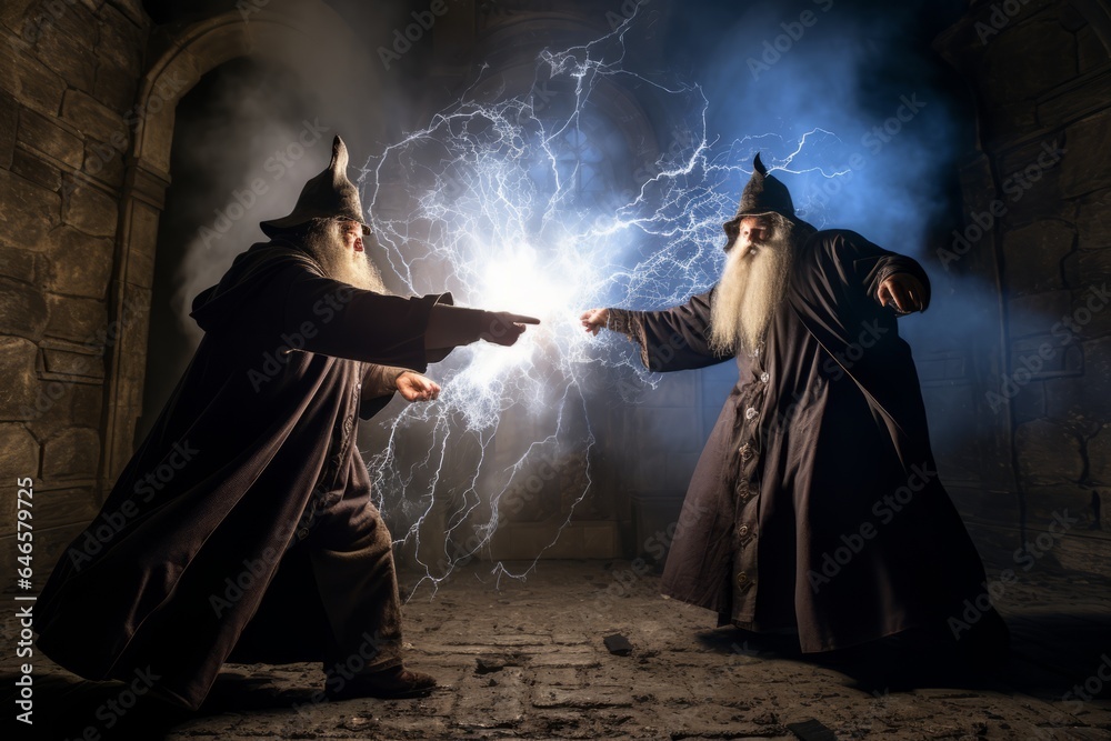 Two powerful wizards engaged in a magical duel amidst a stormy, ruined citadel, unleashing spells and conjuring otherworldly forces Two powerful wizards engaged in a magical duel amidst a stormy, ruined citadel, unleashing spells and conjuring otherworldly forces