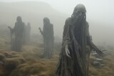 A desolate, mist-covered moor where ghostly wraiths emerge from the fog, their pale figures barely visible