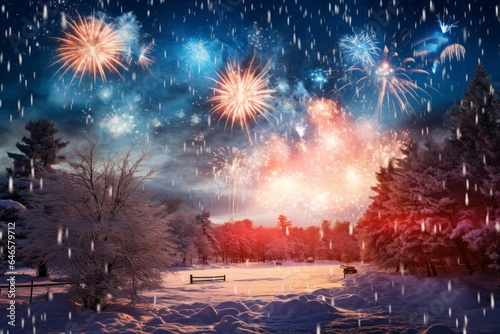 A winter landscape blanketed in snow, with fireworks illuminating the pristine scenery, creating a magical New Year's Eve feeling © Gbor