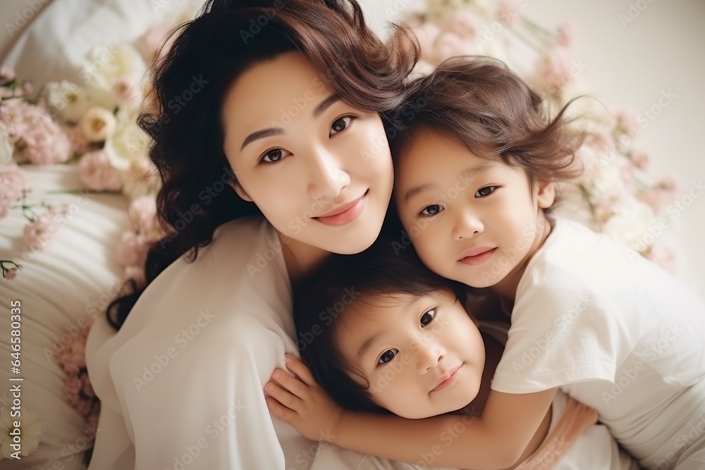very loving asian mother with her two daughters