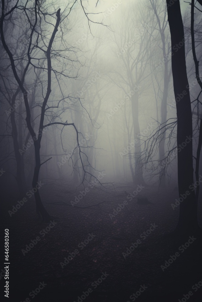 Obraz premium Misty spooky forest background, gloomy trees in scary horror foggy woods Happy Halloween dark night creepy nature mist fantasy atmosphere mystery dramatic landscape fall nightmare scenery. Copy space